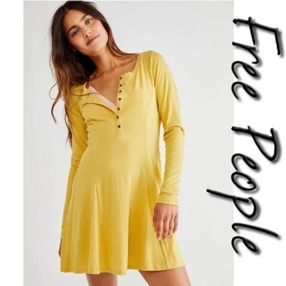 Free People Miles of Henley Butter Yellow Long Sleeve Mini Dress Size Large